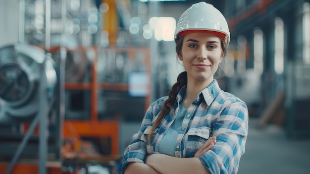 Photo female engineer in factory wearing hard hat