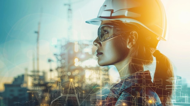 Female engineer in hard hat on construction site at sunset