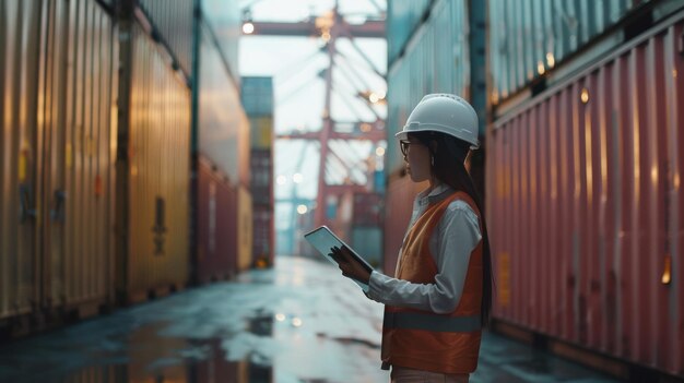 Photo a female engineer in safety gear conducts inspections of shipping containers at dawn encapsulating the serene port ambiance