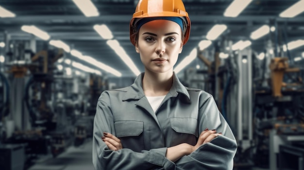 Female engineer standing inside the smart factory with robotic arm looking at the camera with blur background Generative AI AIG20