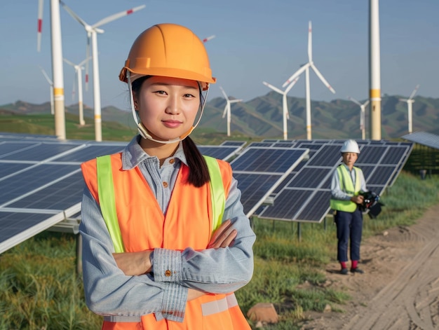 Female engineer standing next to the solar panel