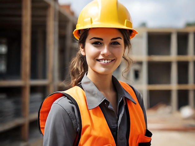 female engineer wearing on a construction site wearing hard hat and work vest