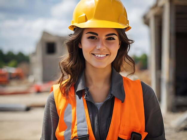 female engineer wearing on a construction site wearing hard hat and work vest