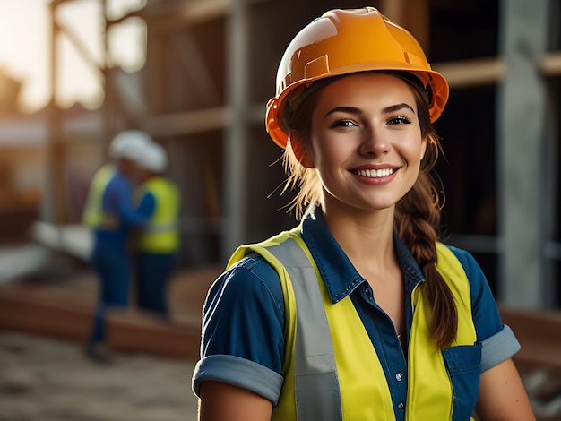 female engineer wearing on a construction site wearing hard hat and work vest