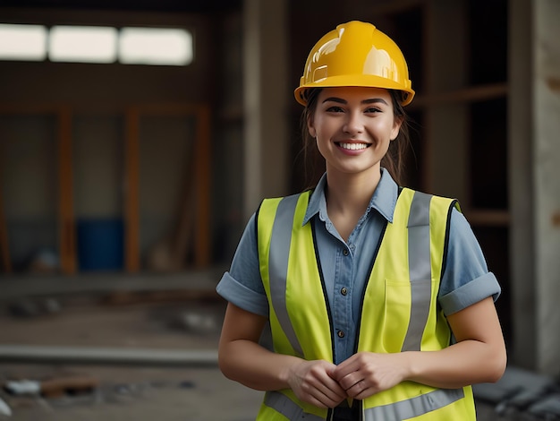 female engineer wearing on a construction site wearing hard hat and work vest