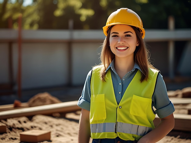 female engineer wearing on a construction site wearing hard hat and work vest