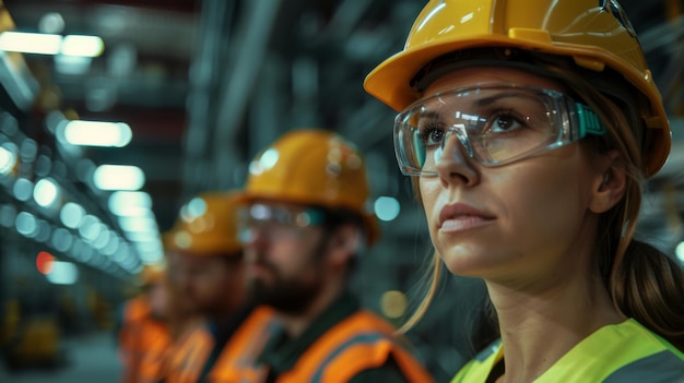 Female engineer wearing safety gear including a hard hat and goggles working attentively at an industrial plant