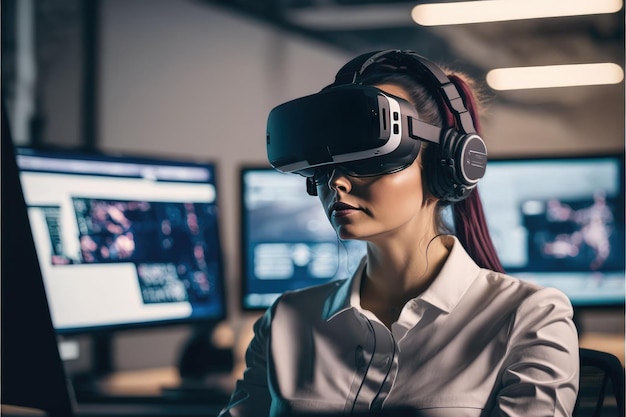 Female engineer wearing a VR headset Generative AI