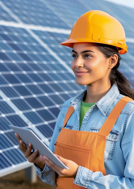 Female engineer with tablet inspecting solar panels on a sunny day representing renewable