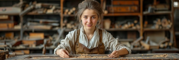 Female English carpenter restoring antique furniture to its former glory