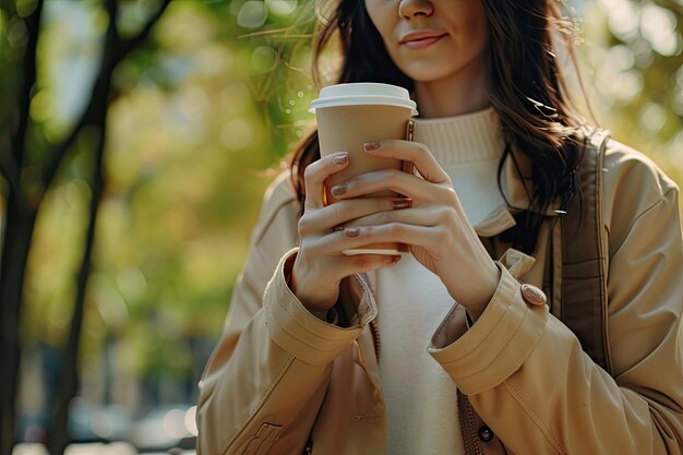 Photo female entrepreneur drinking coffee and using mobile phone outdoors