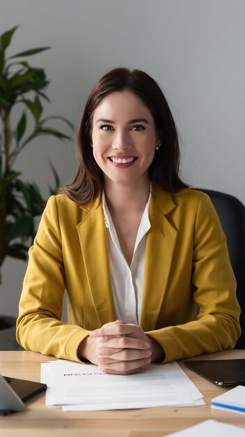 Female entrepreneur smiling confidently at camera sitting at work desk