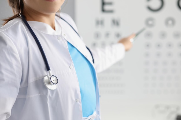 Female eye doctor point on letter on eye test chart