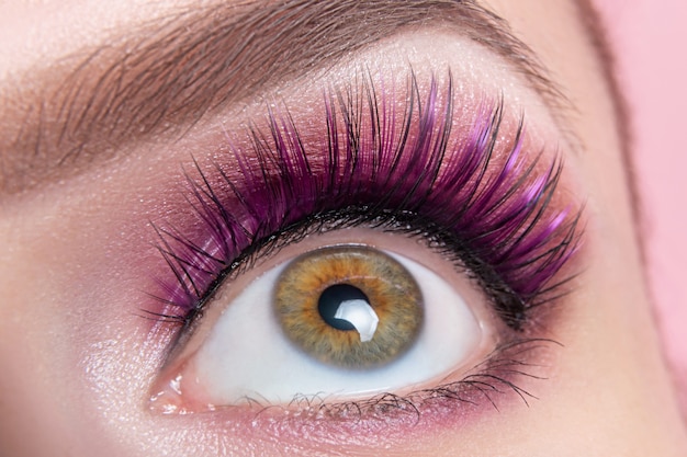 Female eye with purple shadows and false eyelashes