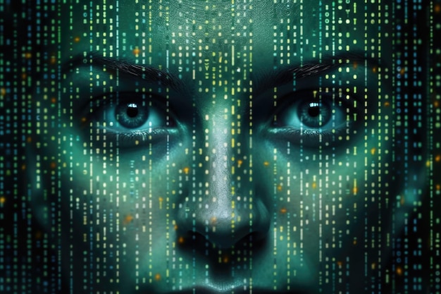 Female face against binary code Artificial intelligence concept Generative AI