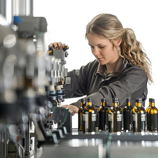 Photo female factory supervisor controlling wine production in alcohol beverage bottling plant isolated