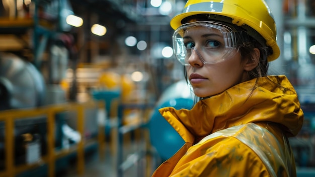 Photo a female factory worker wearing safety goggles and a helmet showcasing industrial safety and worker protection