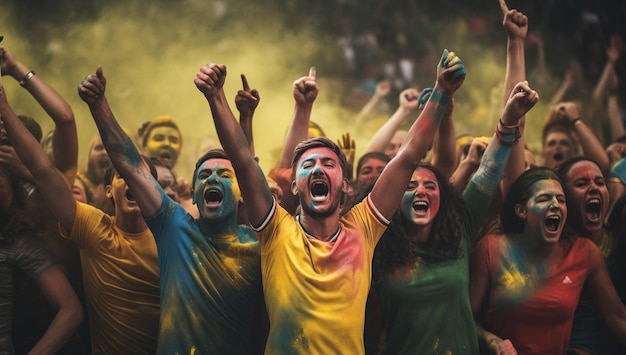 Female fans of soccer women on the stand of soccer supporting their favorite team emotions joy laughter and shouts of joy and support fan club