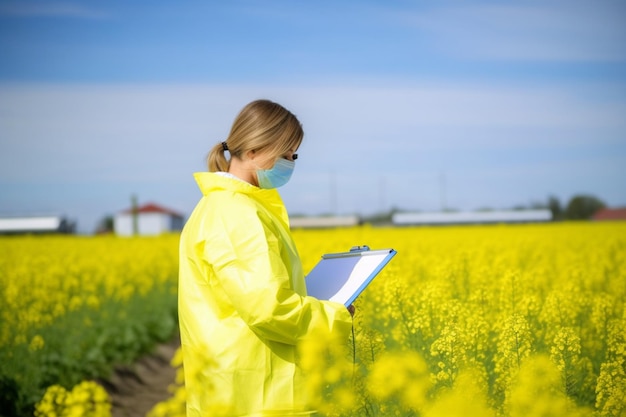 Photo female farm worker making survey on blooming field