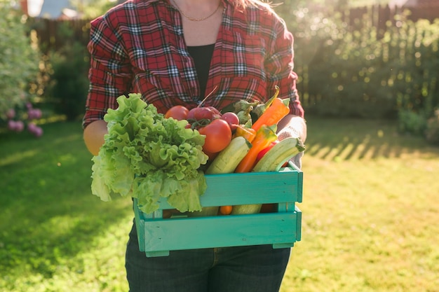 Photo female farmer carrying box of picked vegetables garden and harvesting agricultural product for online selling