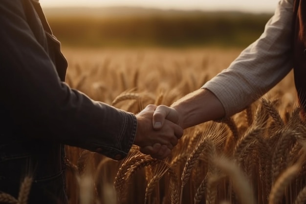 Female farmer handshake with partner on wheat field deal agreement concept Agriculture