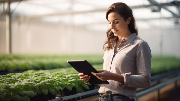 Female farmer stands and holds tablet in her hands against background of field