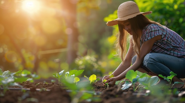 A female farmer tenderly planting seedlings in a vibrant garden bathed in sunlight