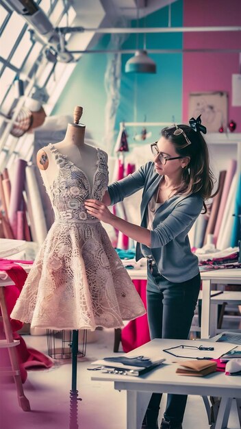 Female fashion designer in the studio working on clothing