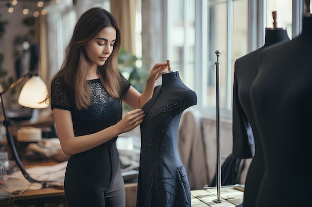 Female fashion designer working measuring dress on a man