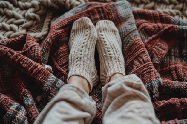 Photo female feet in knitted winter warm socks and in pajamas on brown checkered plaid blanket at home in