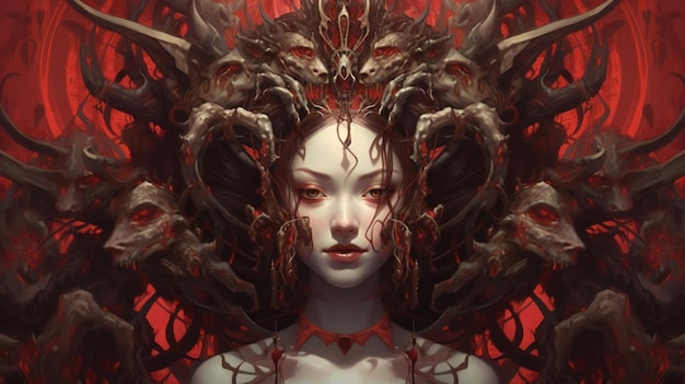 A female figure in a fantasy style with a red background