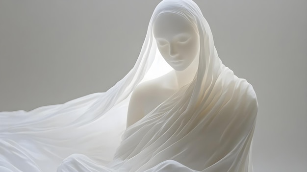 A female figure made of absolutely white marble draped in snowwhite translucent fabric