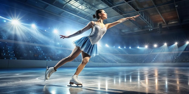 Photo a female figure skating on the ice with a ball in the background