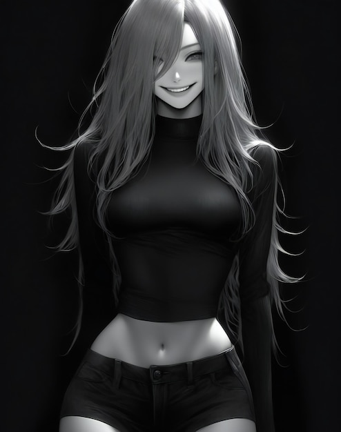 A female figure with long hair and black top