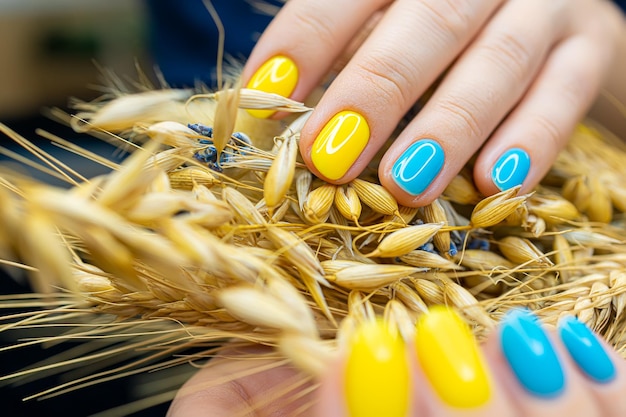 Female fingers of a blueyellow manicure against the background of ears of wheat manicure with gel polish is made in the Ukrainian style