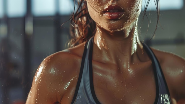 Female Fitness Model During Intense Workout in Gym Showing Toned Abs and Sweaty Details for Sports Enthusiasts