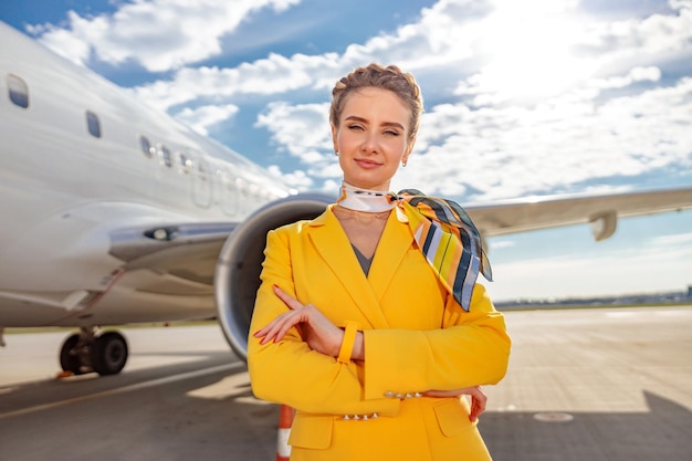 Female flight attendant in airline uniform keeping arms crossed and smiling while standing near airplane at airfield