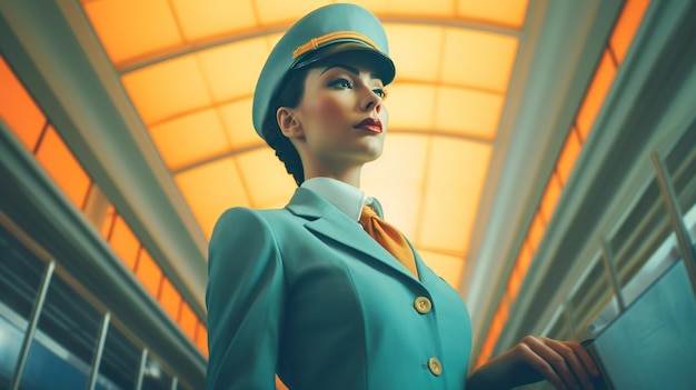 Female flight attendant in colorful cabin of vintage airplane The stewardess is wearing a crisp blu