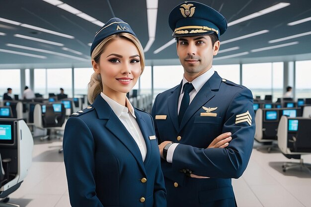 Photo female flight attendant and male pilots at airport generative ai