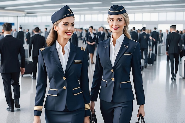 Photo female flight attendant and male pilots at airport generative ai