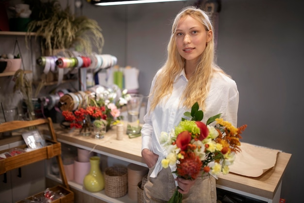 Photo female florist holding a beautiful bouquet