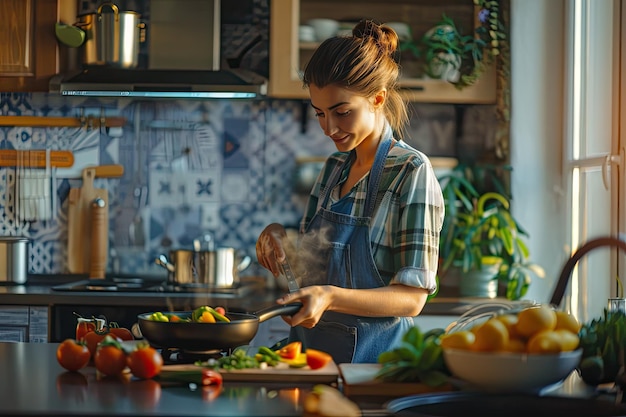 Female food blogger streaming at home with smartphone while cooking