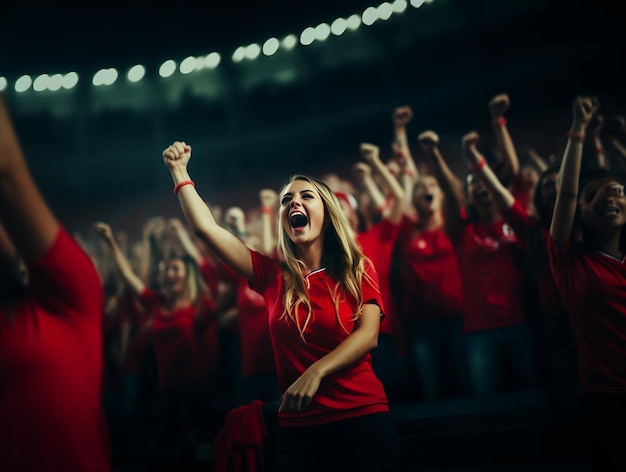 Female football fans filling the stadium cheering for winning