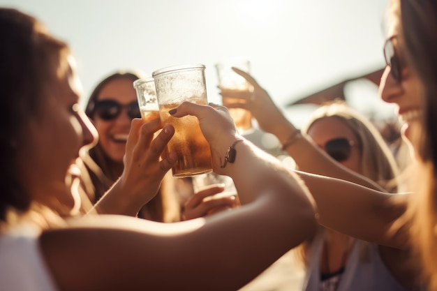 Female friends cheering with beer at music festival summer beach party