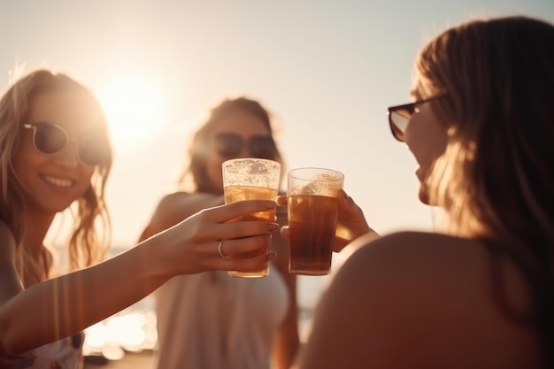 Female friends cheering with beer at music festival summer beach party