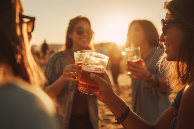 Female friends cheering with beer at music festival summer beach party