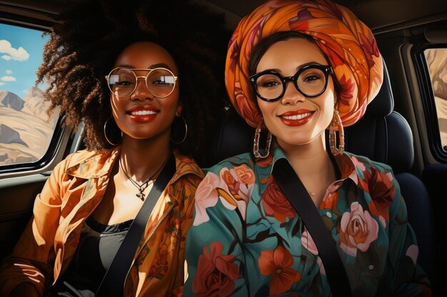 Female friends sitting in car