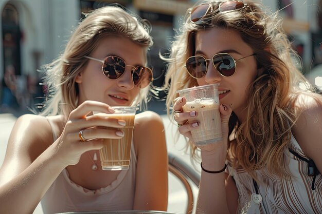 Photo female friends with ice coffee on city street