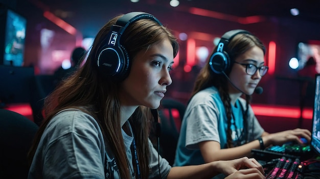 Female Gamer Succeeding in Gaming Tournament at Computer Club