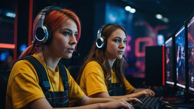 Photo female gamer succeeding in gaming tournament at computer club